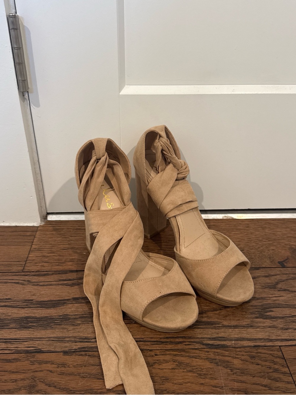 Suede Wrap Tie Block Heel Sandals in Tan